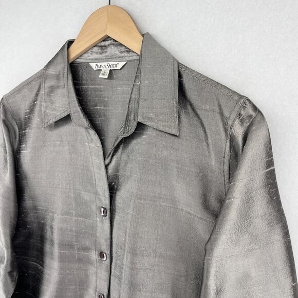 TRAVELSMITH Shirt Womens L Pure Silk Dupioni Button Up Long Sleeve Gray - Picture 6 of 14